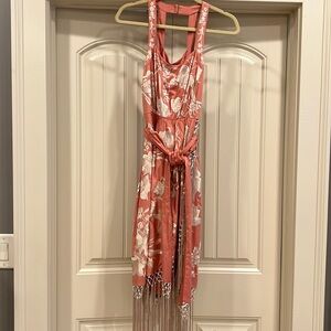 Pink Floral Sleeveless Dress with Fringe